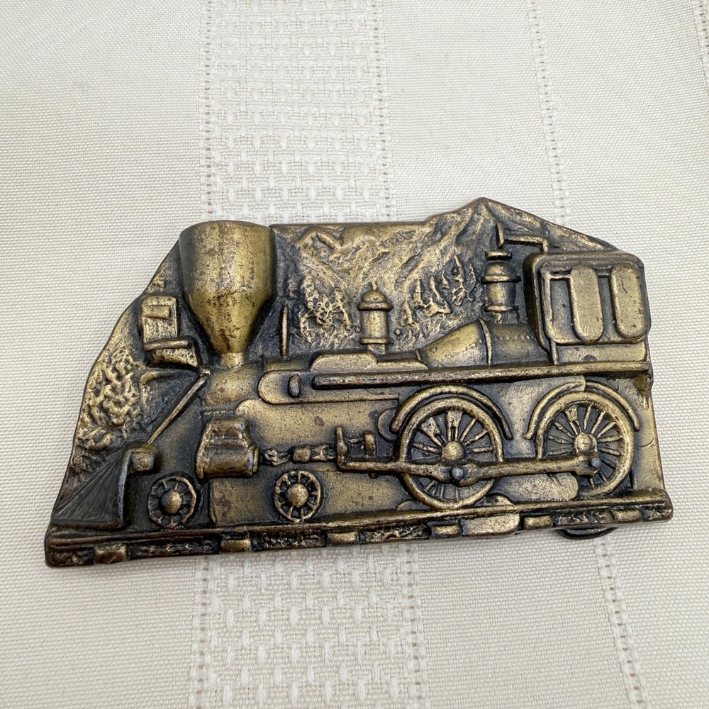 Vintage 70s Brass Steam Locomotive on Track Belt Buckle